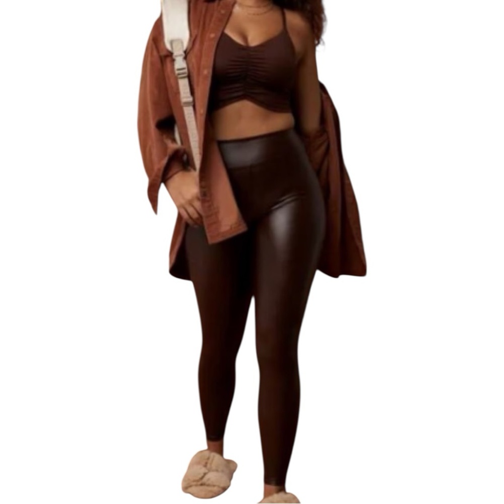 Offline by Aerie Baddie Brown Real Luxe Faux Leather High Waist Leggings NWT